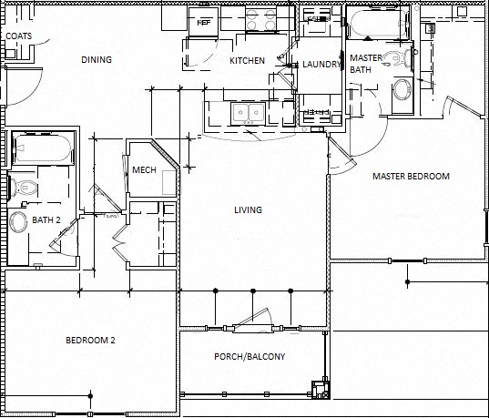 Floor plan for 2 beds, 2 baths, 975 sqft